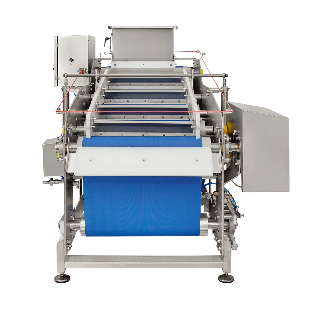 Bandpress med blåa band och konstruktion i rostfritt stål med detaljer av vit plast, rött snöre som är kopplad till säkerhetsbrytare