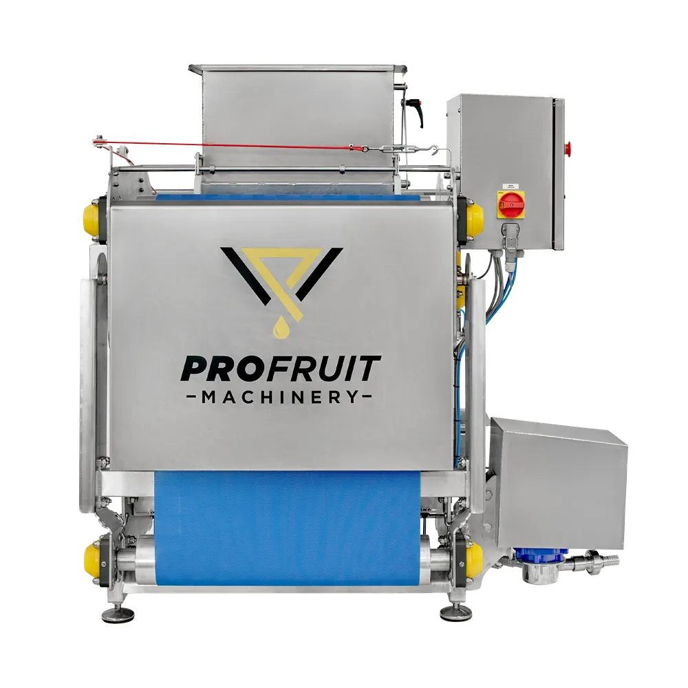 En stor bandpress i rostfritt stål med blå detaljer samt ställbara fötter