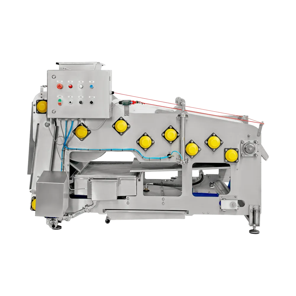 En stor bandpress i rostfritt stål med blå detaljer samt ställbara fötter