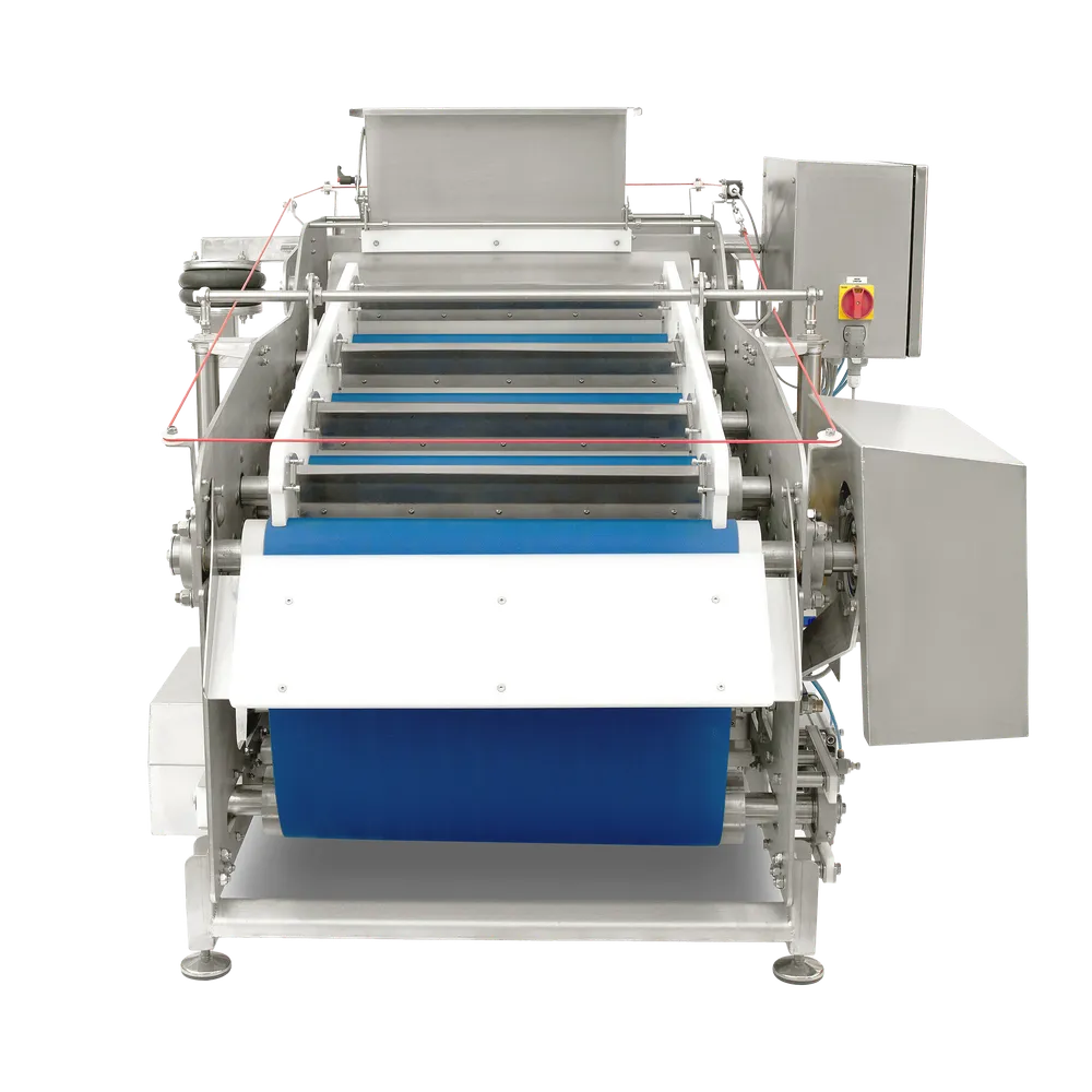 Bandpress med blåa band och konstruktion i rostfritt stål med detaljer av vit plast, rött snöre som är kopplad till säkerhetsbrytare