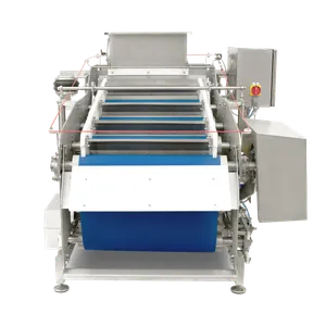 Bandpress med blåa band och konstruktion i rostfritt stål med detaljer av vit plast, rött snöre som är kopplad till säkerhetsbrytare