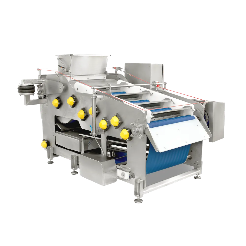 Bandpress Powerpress 1500 tillverkad i rostfritt stål med pressband som är blått, sidovy