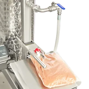 Nærbilde av pasteurisatoren med utstyr montert for fylling av bag in box-poser