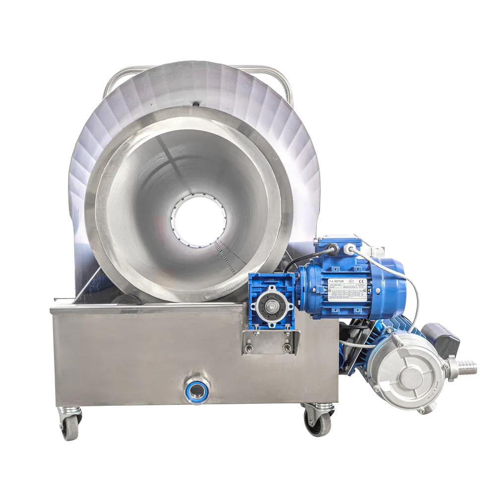 Rotationsfilter i rostfritt stål inloppssida med pump monterad på sidan samt elmotor för drivning av rotationsfilter