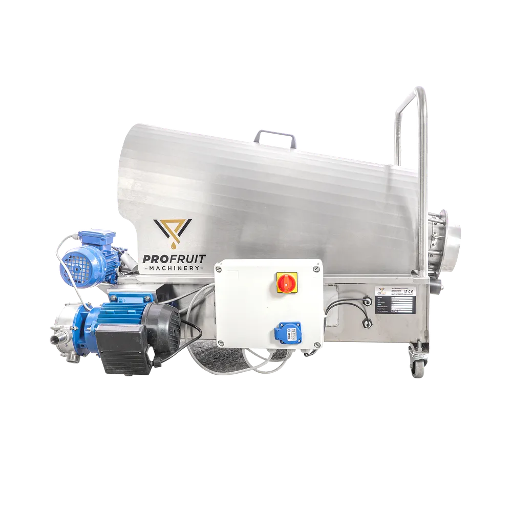 Rotationsfilter i rostfritt stål med uppsamlingskärl och pump monterat på fyra låsbara hjul