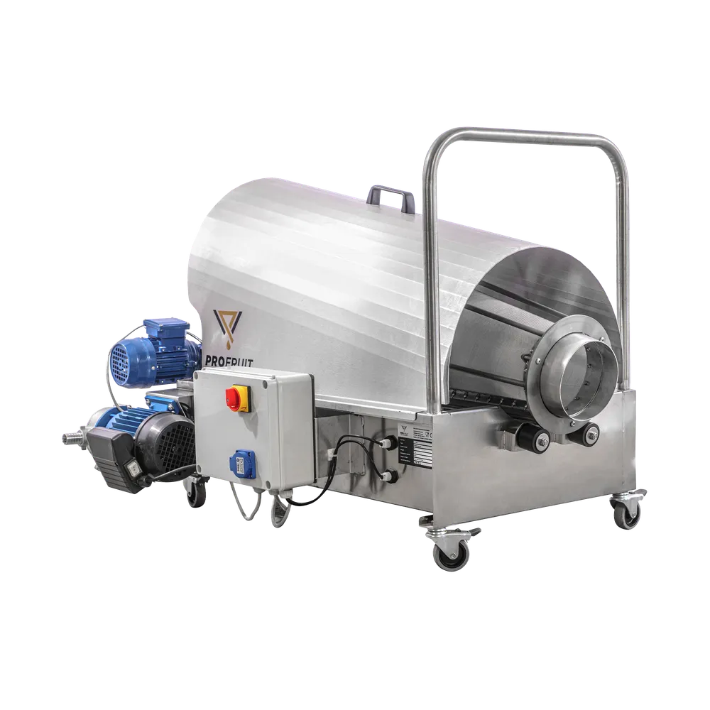 Rotationsfilter i rostfritt stål med uppsamlingskärl och pump med vy från sida där elskåp är monterat