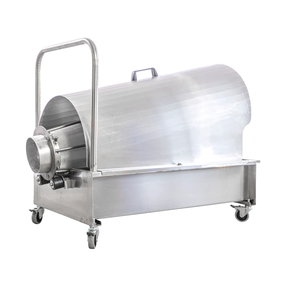 Rotationsfilter i rostfritt stål med uppsamlingskärl och pump monterat på fyra låsbara hjul