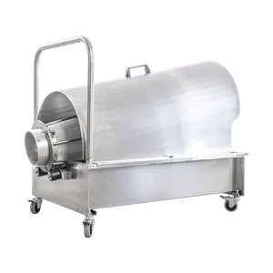 Rotationsfilter i rostfritt stål med uppsamlingskärl och pump monterat på fyra låsbara hjul