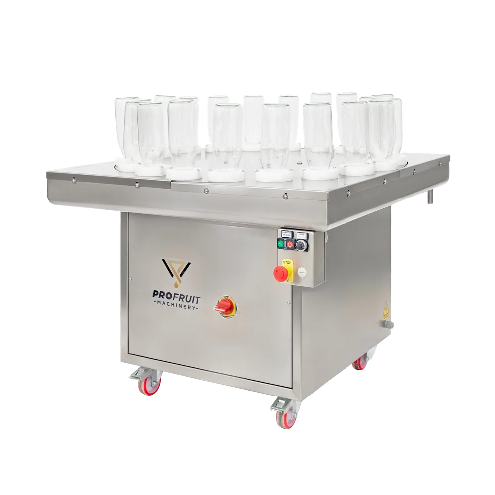 Semi-automatisk flasksköljare tillverkad i rostfritt stål med glasflaskor monterade i maskinen