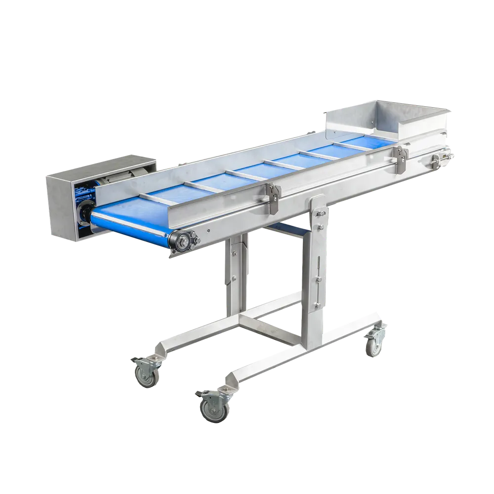 Sorteringstransportør kort model, i rustfrit stål med drejelige hjul med ramme, der kan justeres i højden
