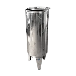 Stor rustfri ståltank med en poleret finish og en stabil konstruktion på tre ben