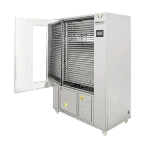 Stort tørreskab i rustfrit stål med dobbeltdøre i åben position. Udtrækkelige hylder er placeret inde i tørreskabet