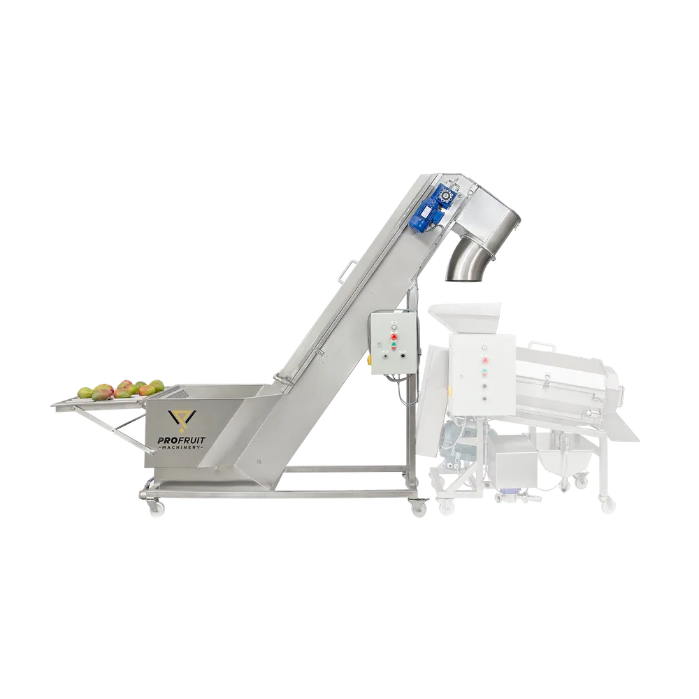 Maskine i rustfrit stål, der både vasker og transporterer frugt