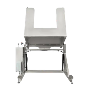 Kompakt maskine i rustfrit stål, der bruges til at tømme kasser med frugt i nedadgående position, set bagfra