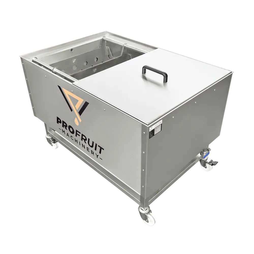 Beholder for pasteurisering av flasker og bokser i vannbad, laget av rustfritt stål