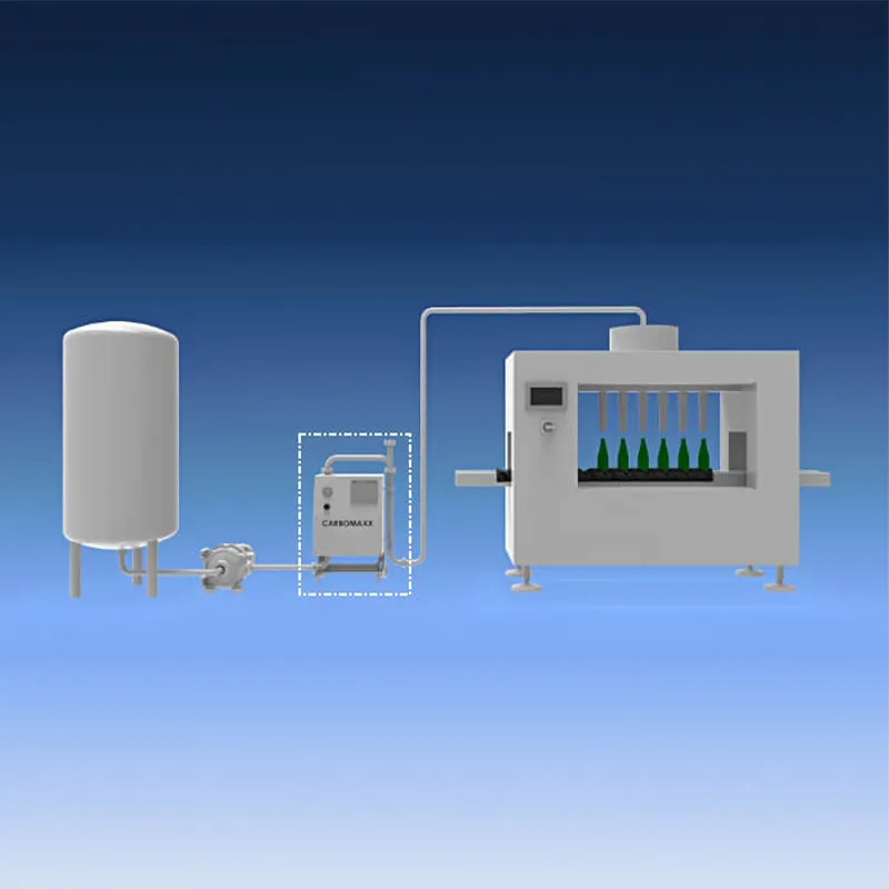 Carbomaxx placeras i systemet för vintillverkning eller cidertillverkning en bit innan tappningslinjen och eliminerar behovet av tankar för kolsyresättning