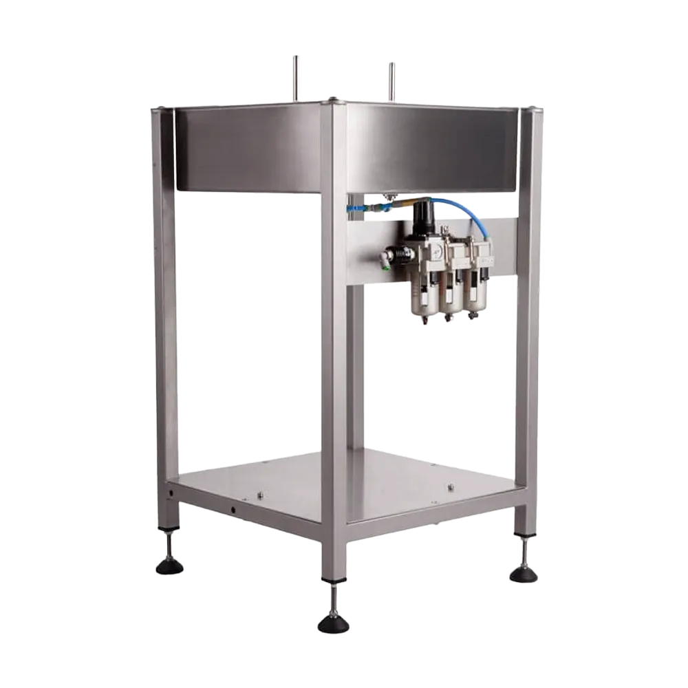 Semiautomatisk flasksköljare i rostfritt stål med tryckluftsfilter monterat på sidan