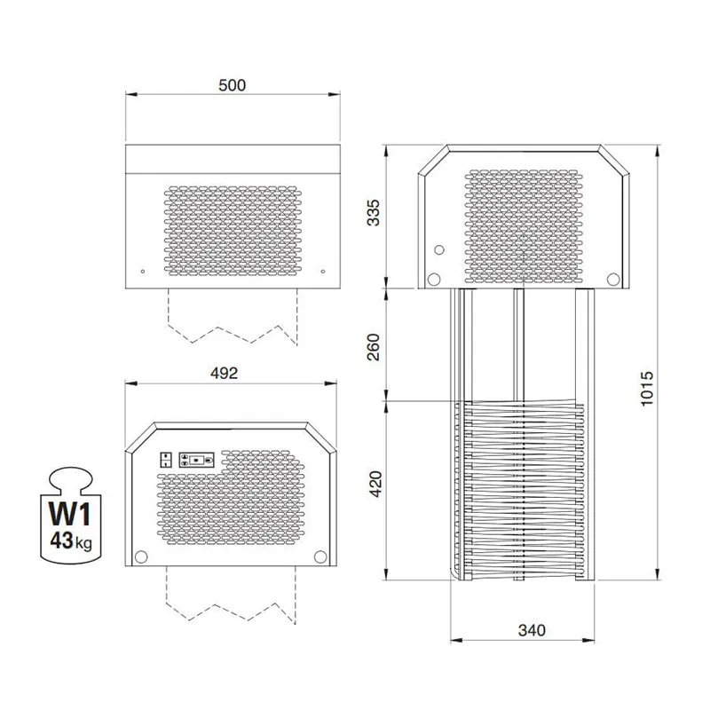 En tegning som viser dimensjoner og vekt på kjølemaskinen som brukes til å kontrollere temperaturen i tanker og fat