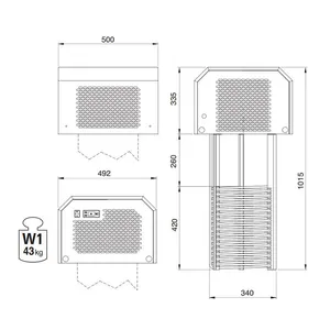 En tegning som viser dimensjoner og vekt på kjølemaskinen som brukes til å kontrollere temperaturen i tanker og fat