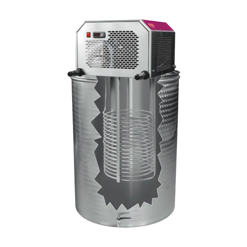 Kylmaskin som består av en spole nedsänkt i ett fat av rostfritt stål, används för kylning av must, cider, vin med mera