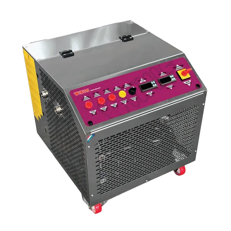 Kølemaskine med hus i rustfrit stål, der bruges til køling af tanke og fade i f.eks. vin- og ciderproduktion