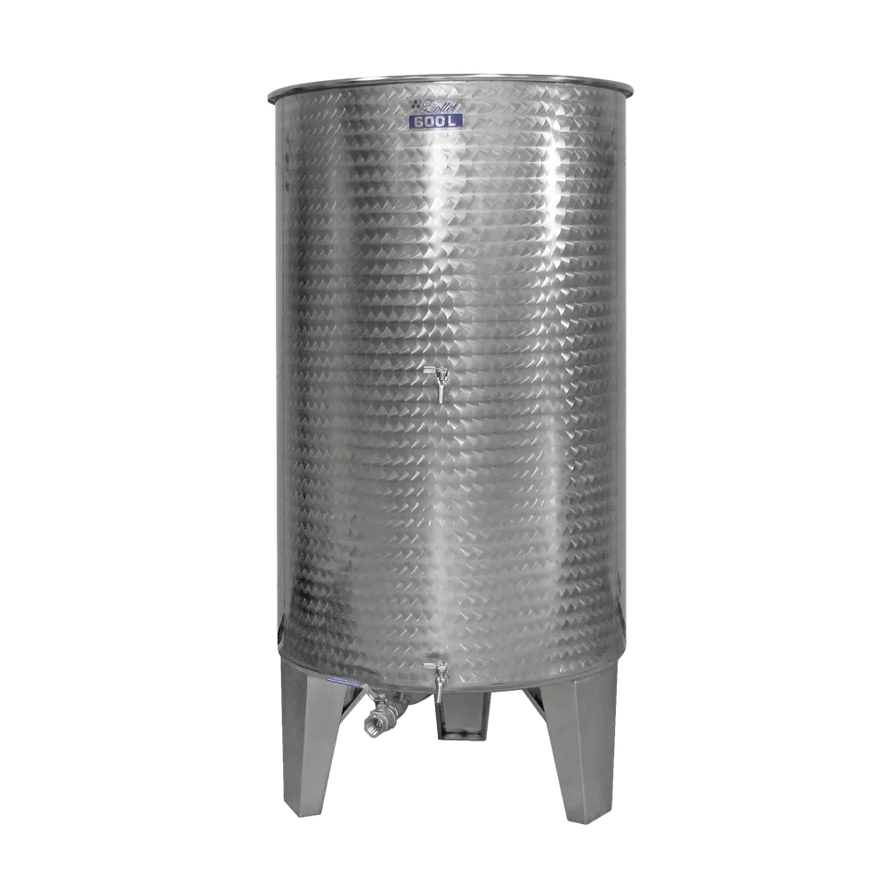 Tank i rostfritt stål med tre ben och tre anslutningar med kulventiler