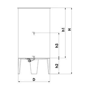 Tegning av en tank i rustfritt stål med betegnelser for dimensjoner