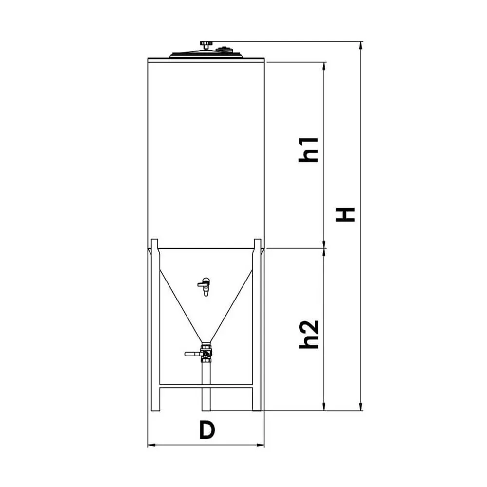 Ritning på konisk jästank i rostfritt stål med betäckningar för att läsa ut mått in tabell