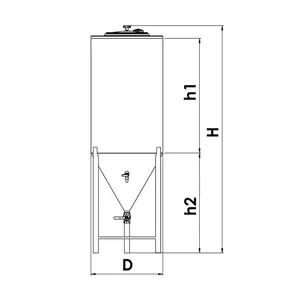 Ritning på konisk jästank i rostfritt stål med betäckningar för att läsa ut mått in tabell