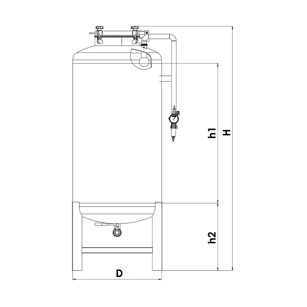 Ritning på brite tanken med betäckningar för att avläsa dimensioner i tabell