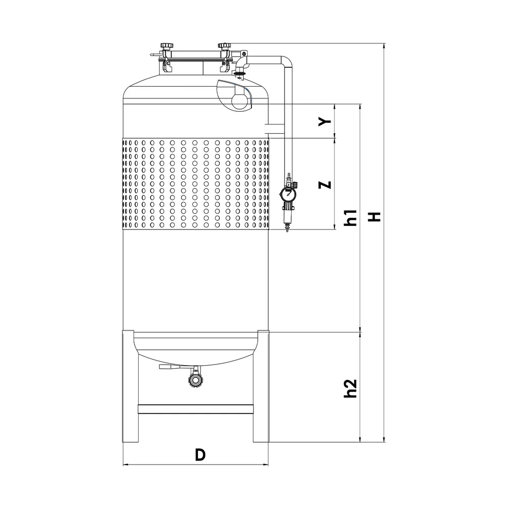 Ritning på brite tanken med betäckningar för att avläsa dimensioner i tabell