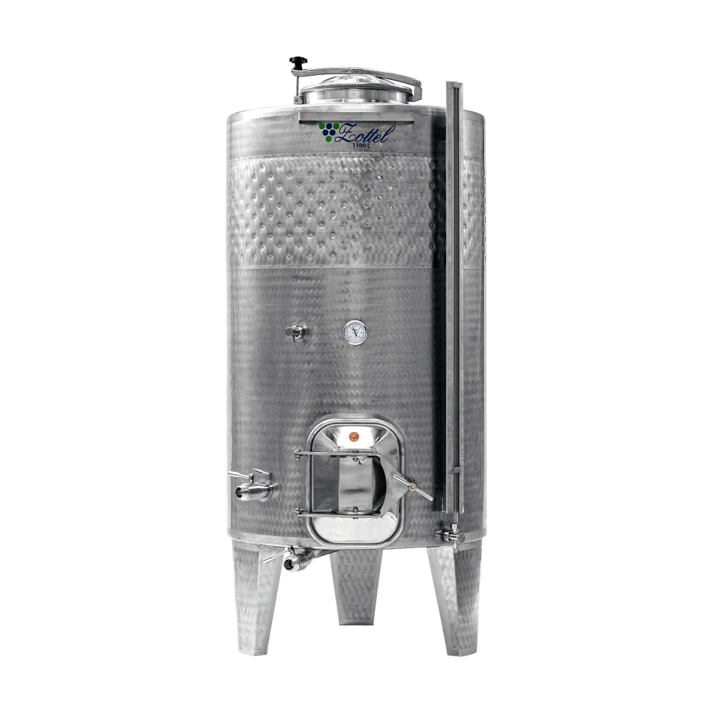 Jästank för vin och cider tillverkad i rostfritt stål, tanken står på tre ben och har två öppningsbara manluckor.