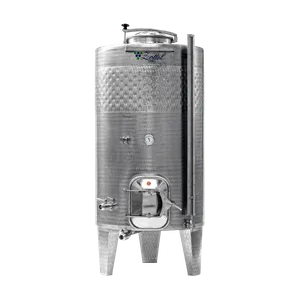 Jästank för vin och cider tillverkad i rostfritt stål, tanken står på tre ben och har två öppningsbara manluckor.