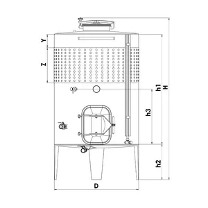 Ritning på jäsnings- och lagringstank med betäckningar för dimensioner