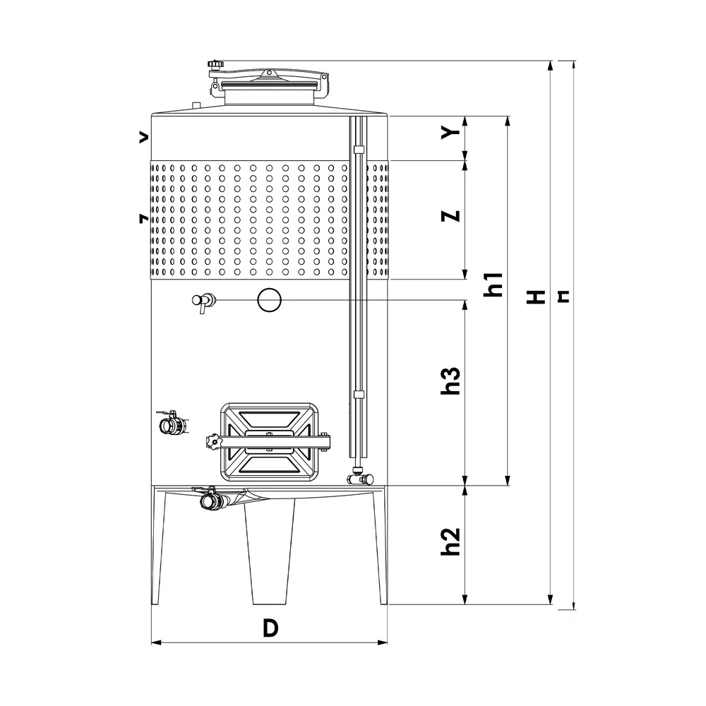 Ritning på jäsnings- och lagringstank med betäckningar för dimensioner