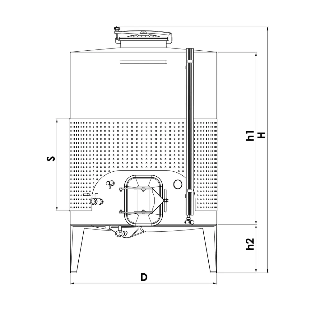 Ritning på jäsnings- och lagringstank med betäckningar för dimensioner