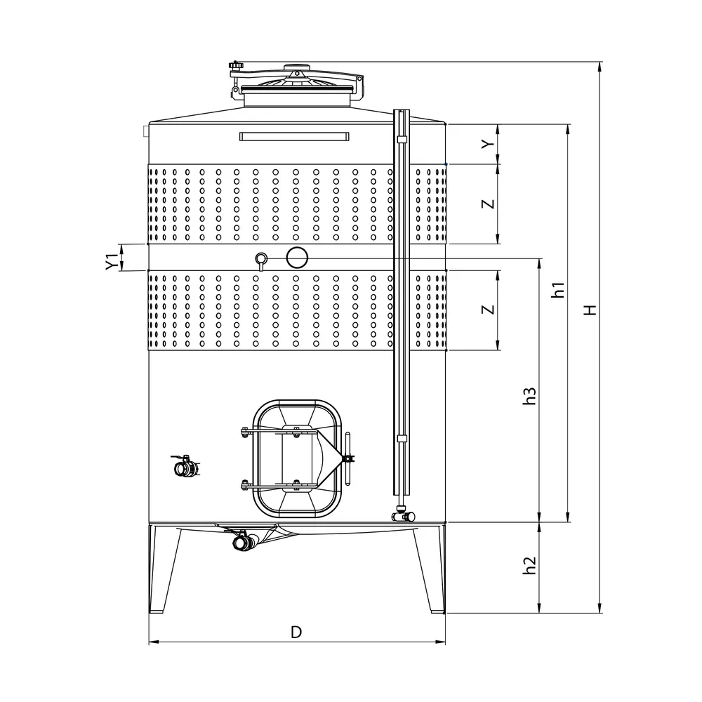 Ritning på jäsnings- och lagringstank med betäckningar för dimensioner