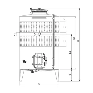 Ritning på jäsnings- och lagringstank med betäckningar för dimensioner