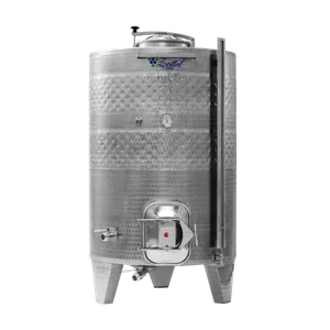 Jästank för vin och cider tillverkad i rostfritt stål, tanken står på tre ben och har två öppningsbara manluckor.