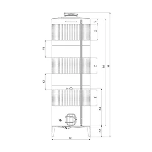 Ritning på jäsnings- och lagringstank med betäckningar för dimensioner