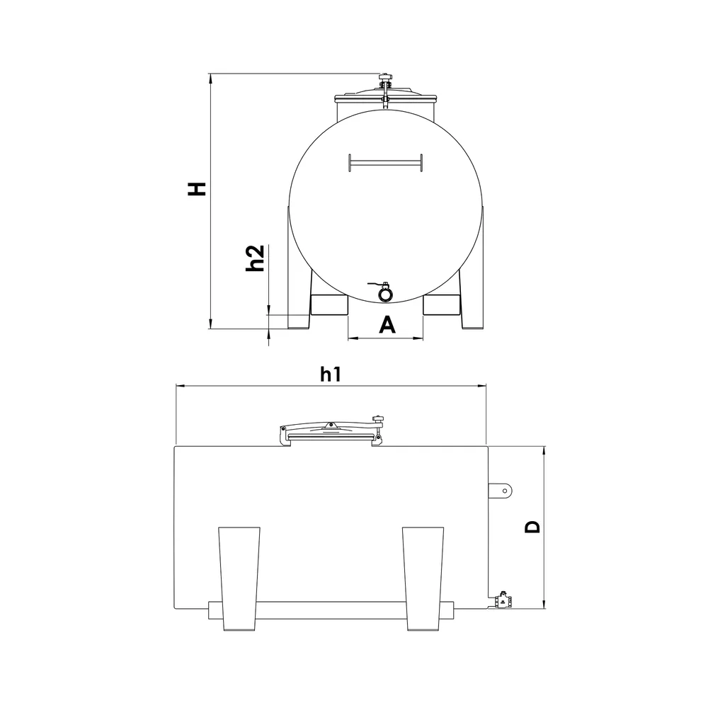 Ritning på horisontal flyttbar tank som visar beteckningar för att läsa ut mått i tabell
