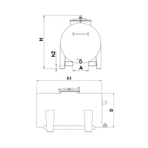 Ritning på horisontal flyttbar tank som visar beteckningar för att läsa ut mått i tabell