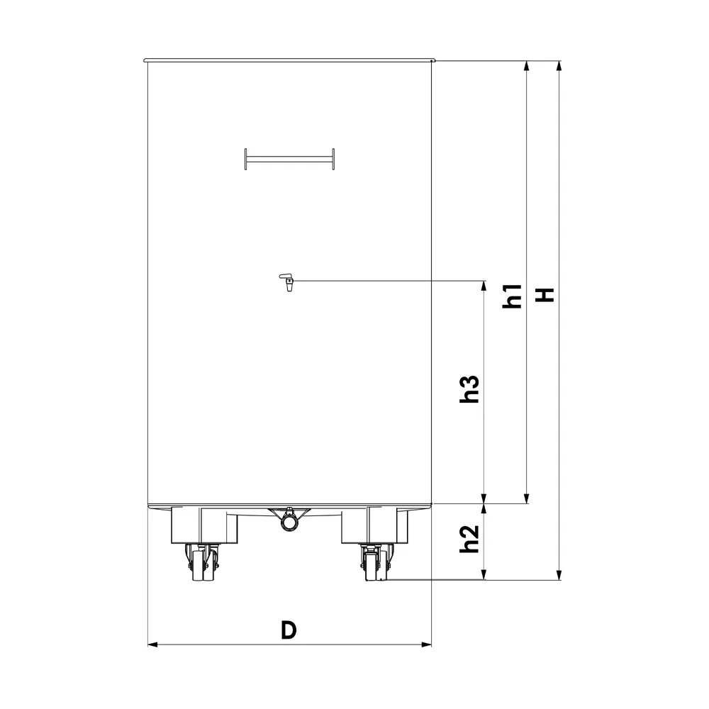 Ritning över mobil tank på hjul med betäckningar för att avläsa mått från tabell