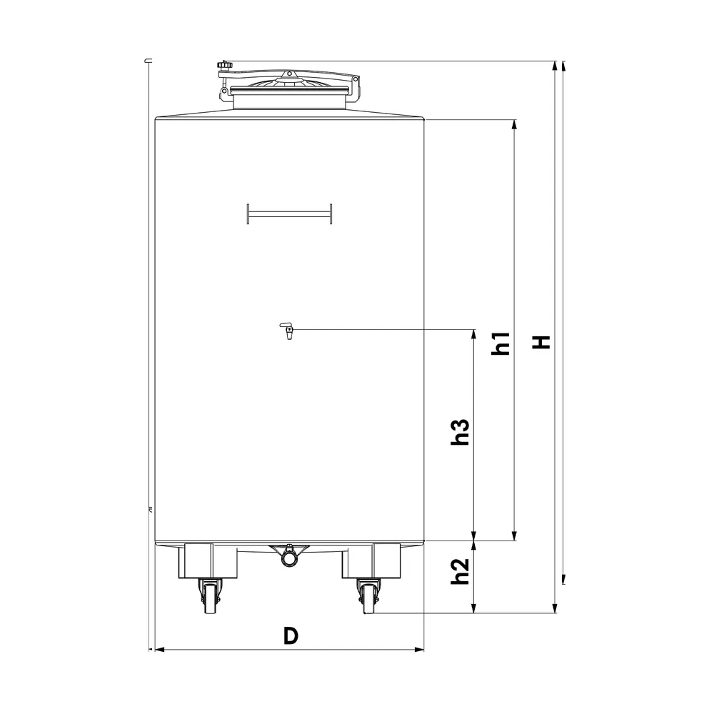Ritning över mobil tank på hjul med betäckningar för att avläsa mått från tabell