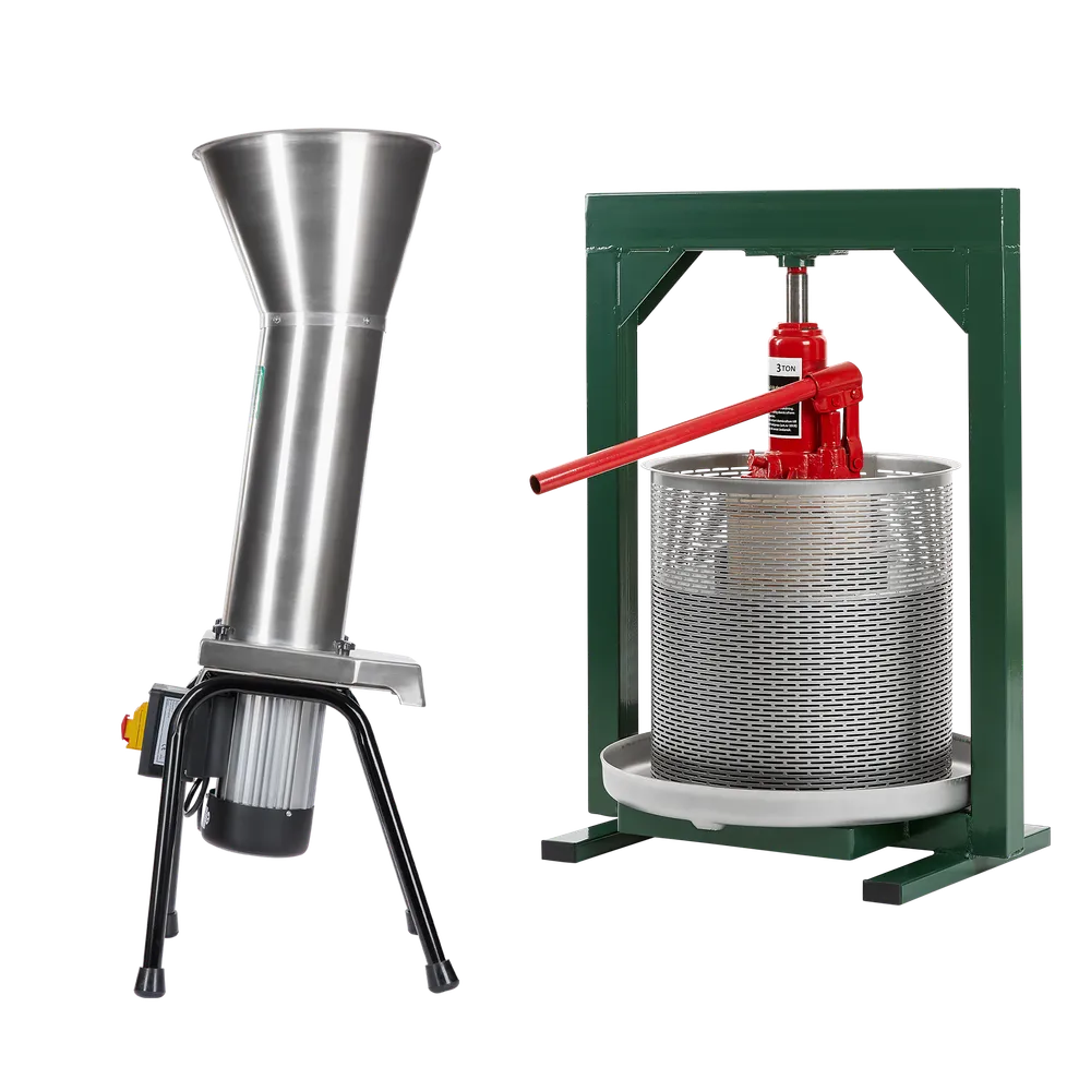 Stående elektrisk fruktkross i rostfritt stål samt rostfri hydraulisk fruktpress 23L med gröna och röda detaljer