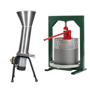 Stående elektrisk fruktkross i rostfritt stål samt rostfri hydraulisk fruktpress 23L med gröna och röda detaljer