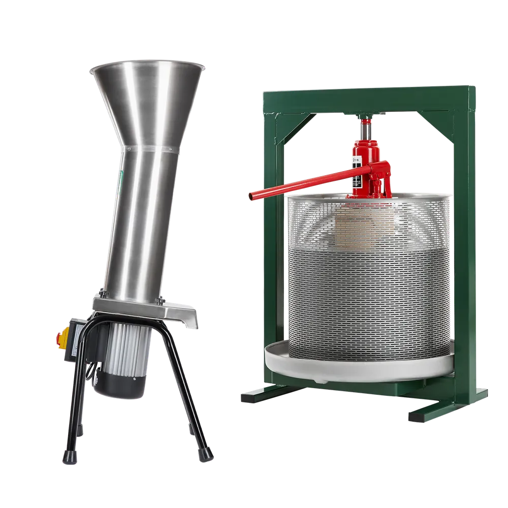 Rostfri elektrisk fruktkross som står på fyra ben samt rostfri hydraulisk fruktpress 50L med detaljer i rött och grönt