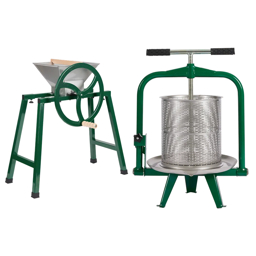 Paketti, joka sisältää manuaalisen hedelmämurskaimen, tukijalat ja 12 litran ruuviprässin ruostumattomasta teräksestä, jossa on vihreitä yksityiskohtia