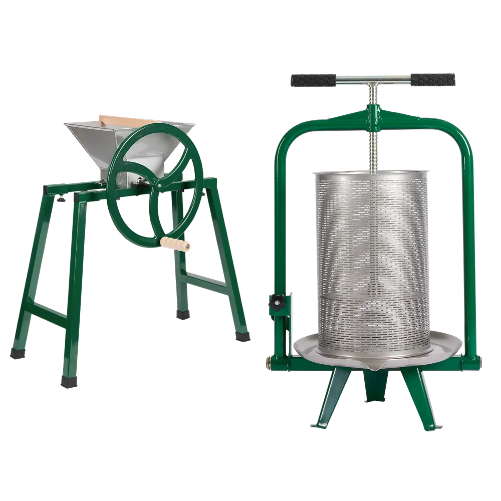 Paketti, joka sisältää manuaalisen hedelmämurskaimen, tukijalat ja 18 litran ruuviprässin ruostumattomasta teräksestä, jossa on vihreitä yksityiskohtia