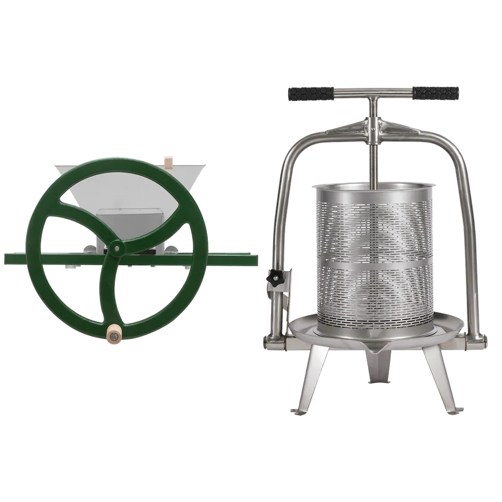 Pakettitarjous, käsikäyttöinen hedelmämurskain suurella kampipyörällä ja 14 litran hedelmäpuristin, valmistettu kokonaan ruostumattomasta teräksestä